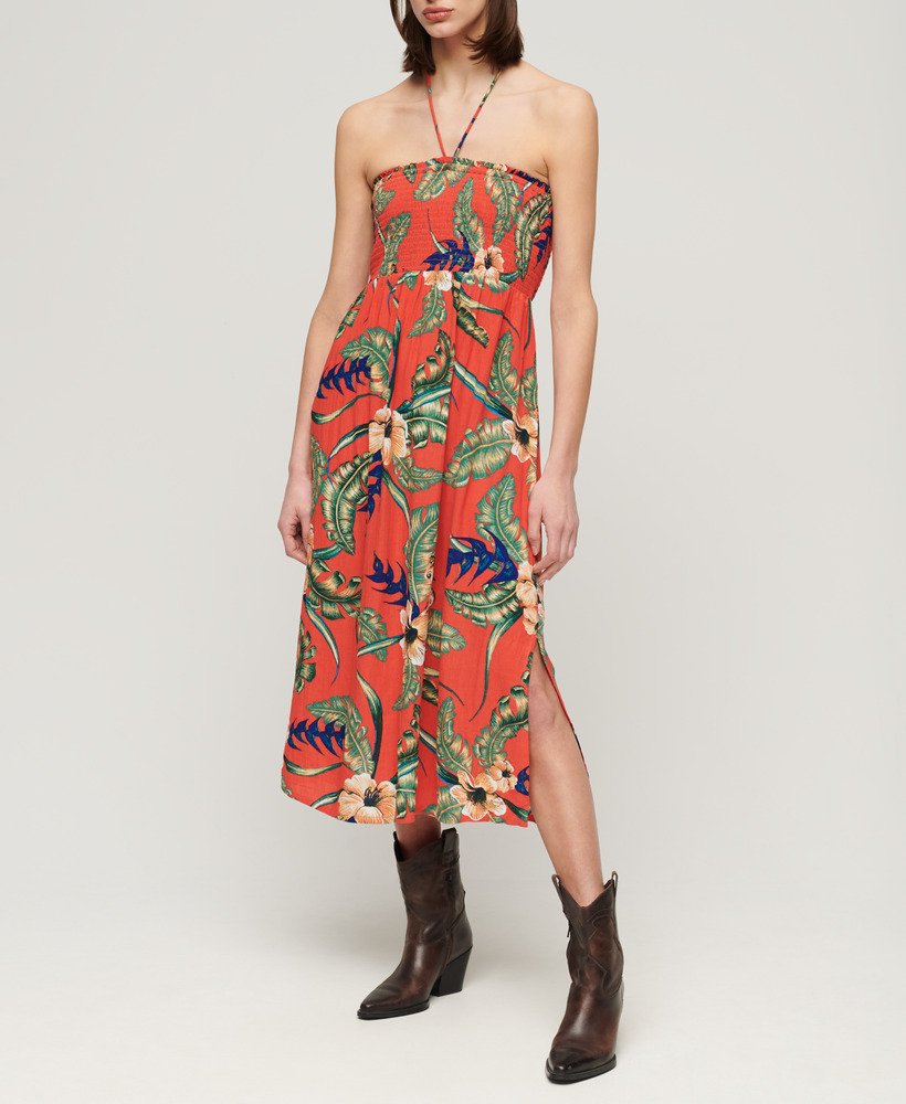 geplooide midi-strandjurk in eden hawaiian red