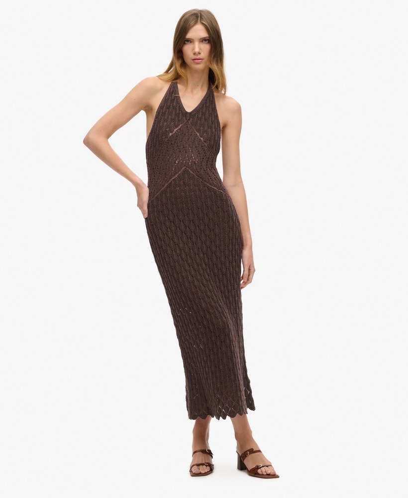 gehaakte halter maxi-jurk in donkerbruin
