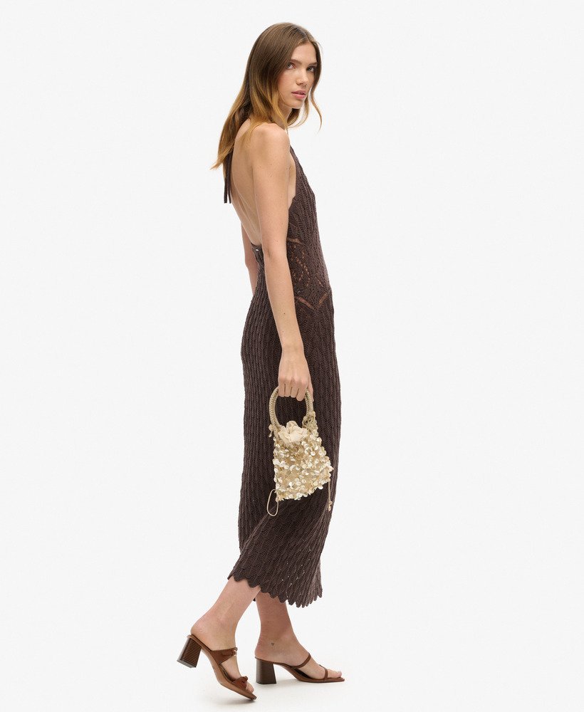 gehaakte halter maxi-jurk in donkerbruin