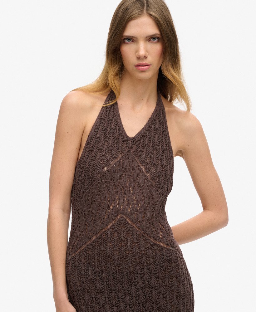 gehaakte halter maxi-jurk in donkerbruin