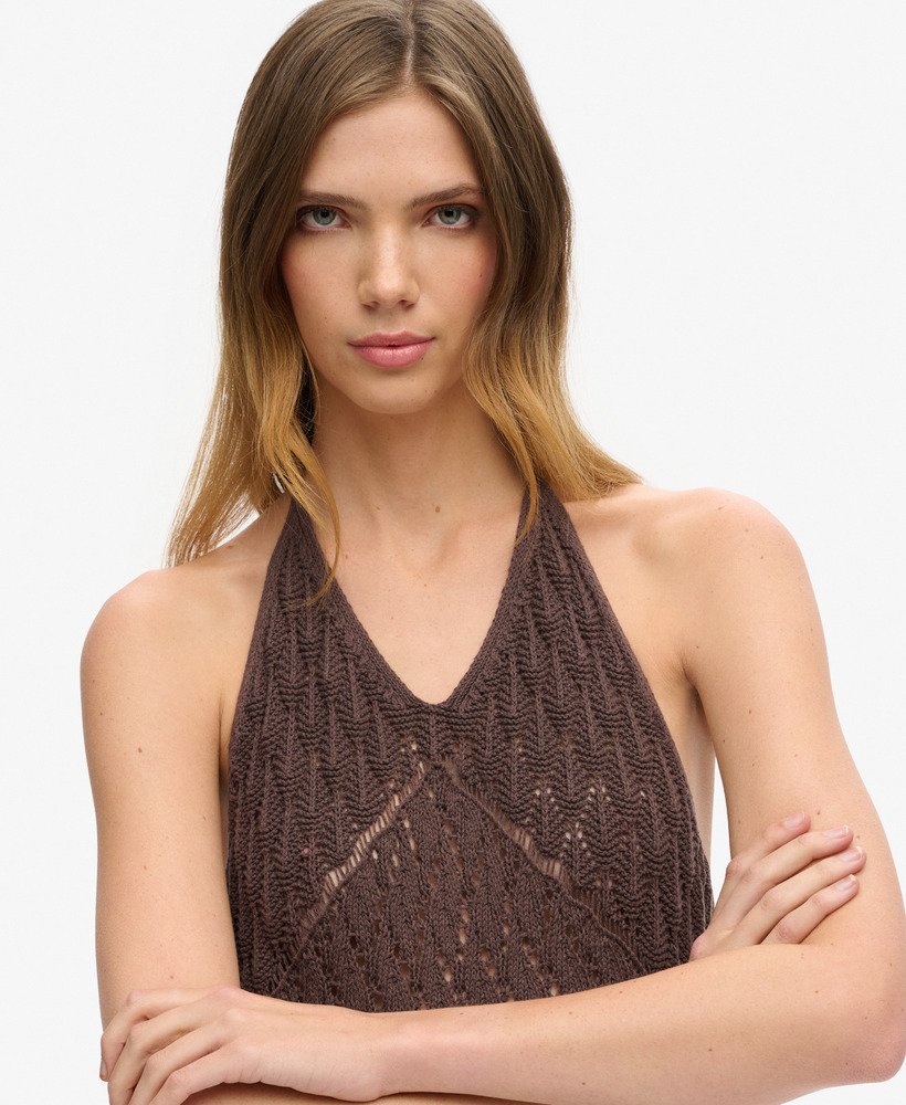 gehaakte halter maxi-jurk in donkerbruin