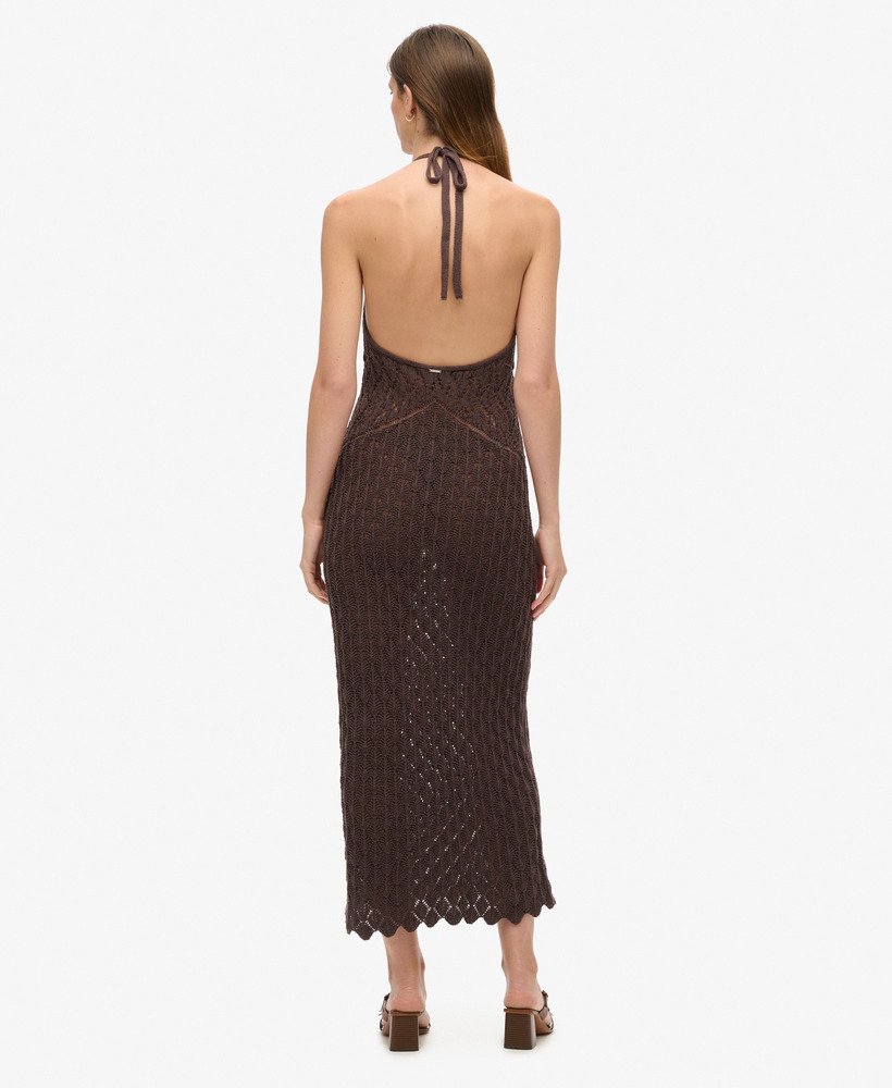gehaakte halter maxi-jurk in donkerbruin
