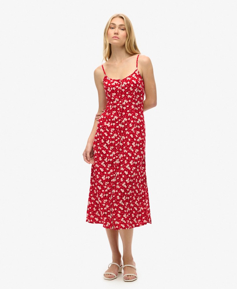 bedrukte cami-jurk met knoopsluiting en rozenprint.