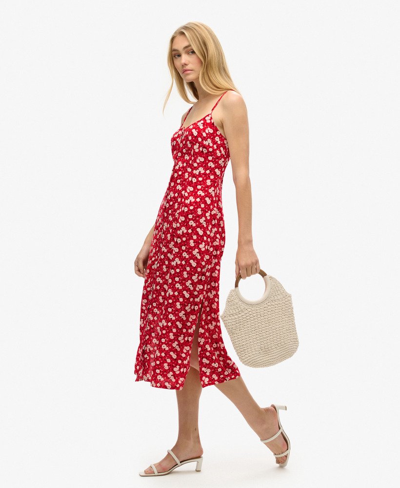 bedrukte cami-jurk met knoopsluiting en rozenprint.