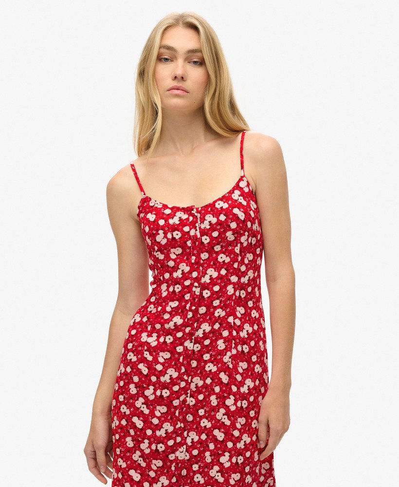 bedrukte cami-jurk met knoopsluiting en rozenprint.