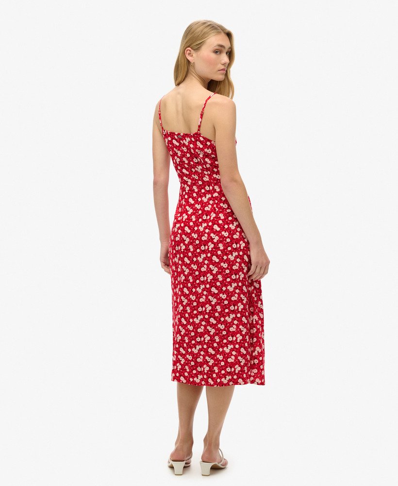 bedrukte cami-jurk met knoopsluiting en rozenprint.