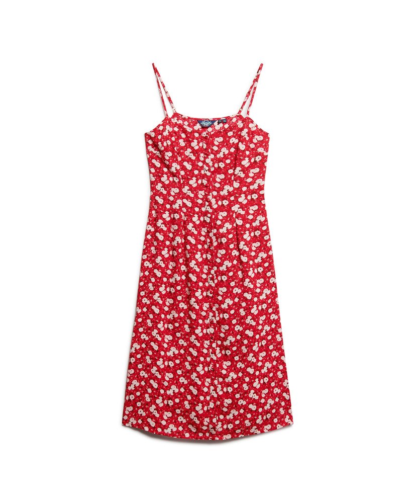bedrukte cami-jurk met knoopsluiting en rozenprint.