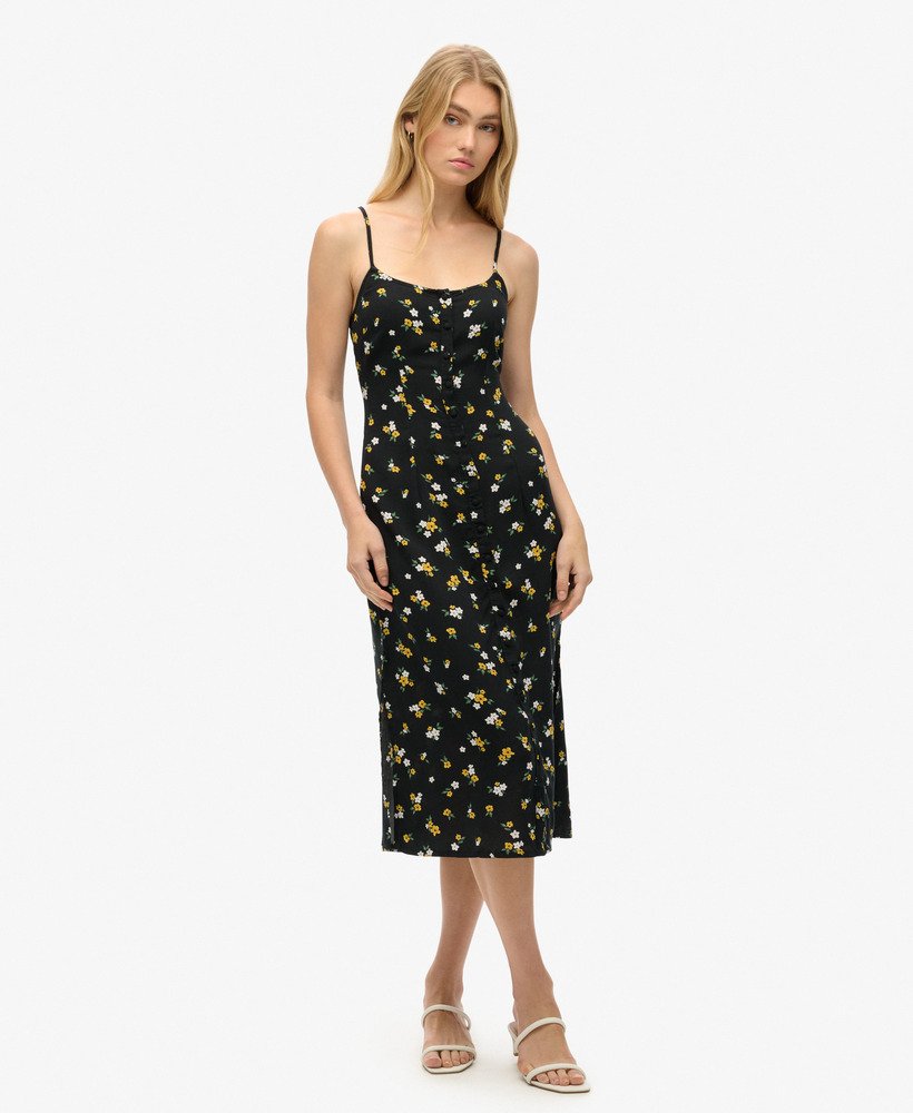 bedrukte cami-midi-jurk met knoopsluiting in de candice-bloemenprint.