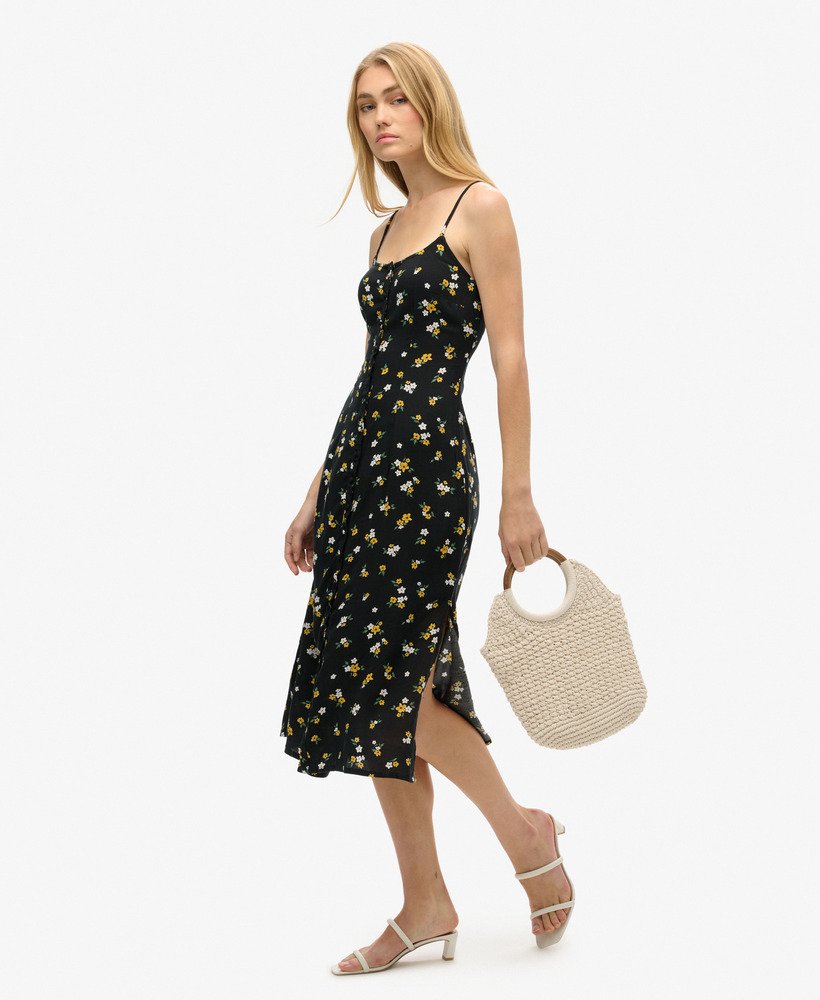 bedrukte cami-midi-jurk met knoopsluiting in de candice-bloemenprint.