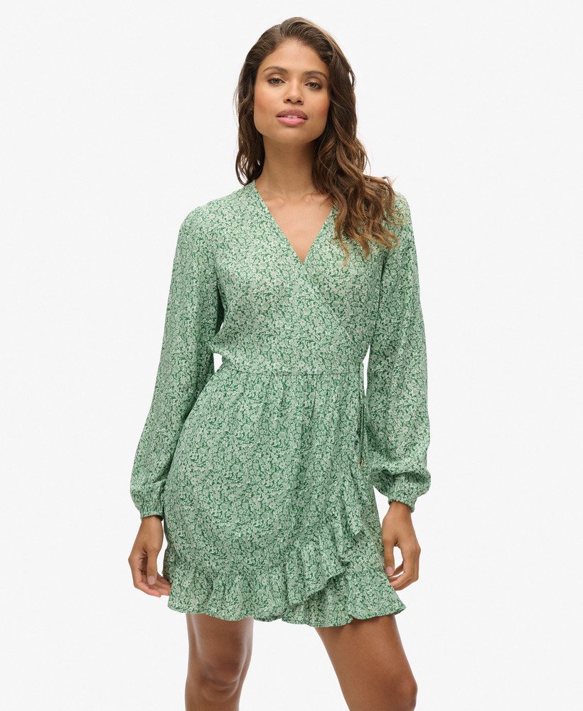 bedrukte mini-jurk met lange mouwen en overslagprint in een weelderig groen.