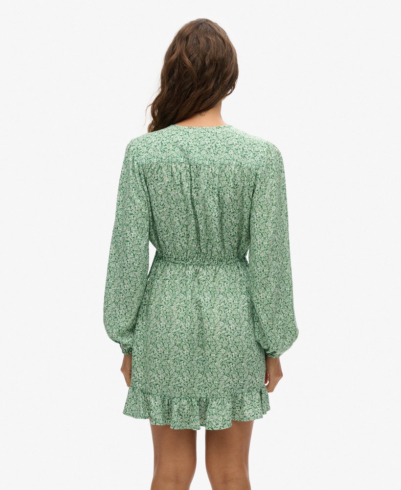 bedrukte mini-jurk met lange mouwen en overslagprint in een weelderig groen.