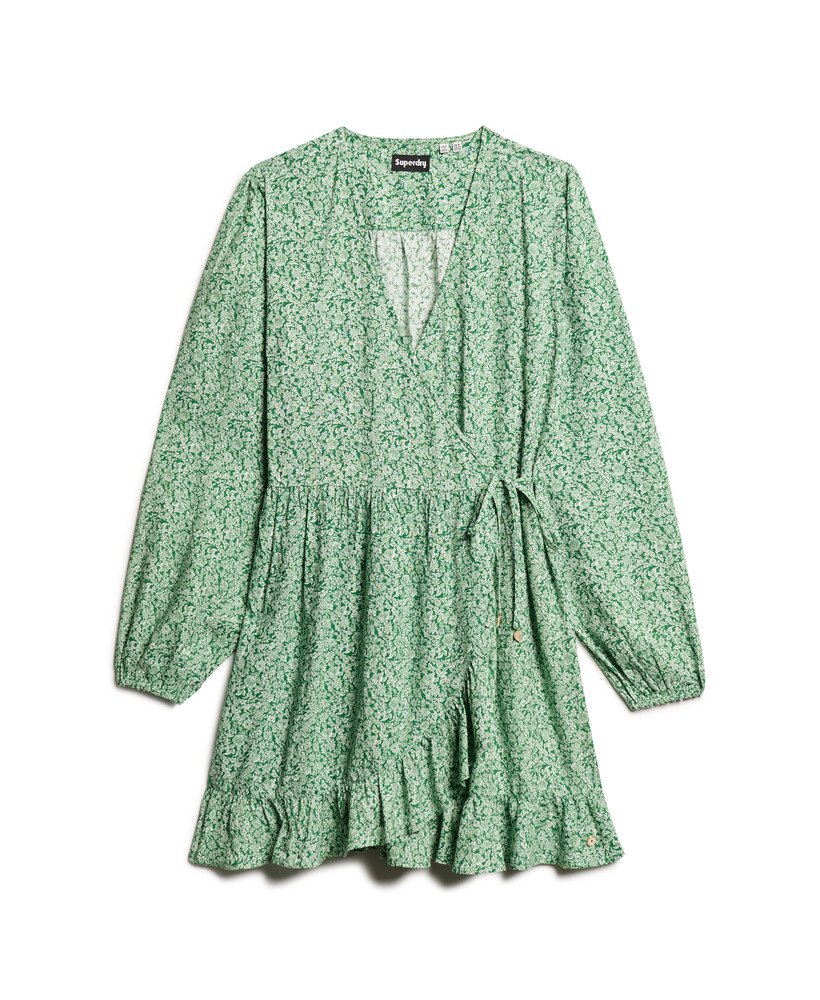 bedrukte mini-jurk met lange mouwen en overslagprint in een weelderig groen.