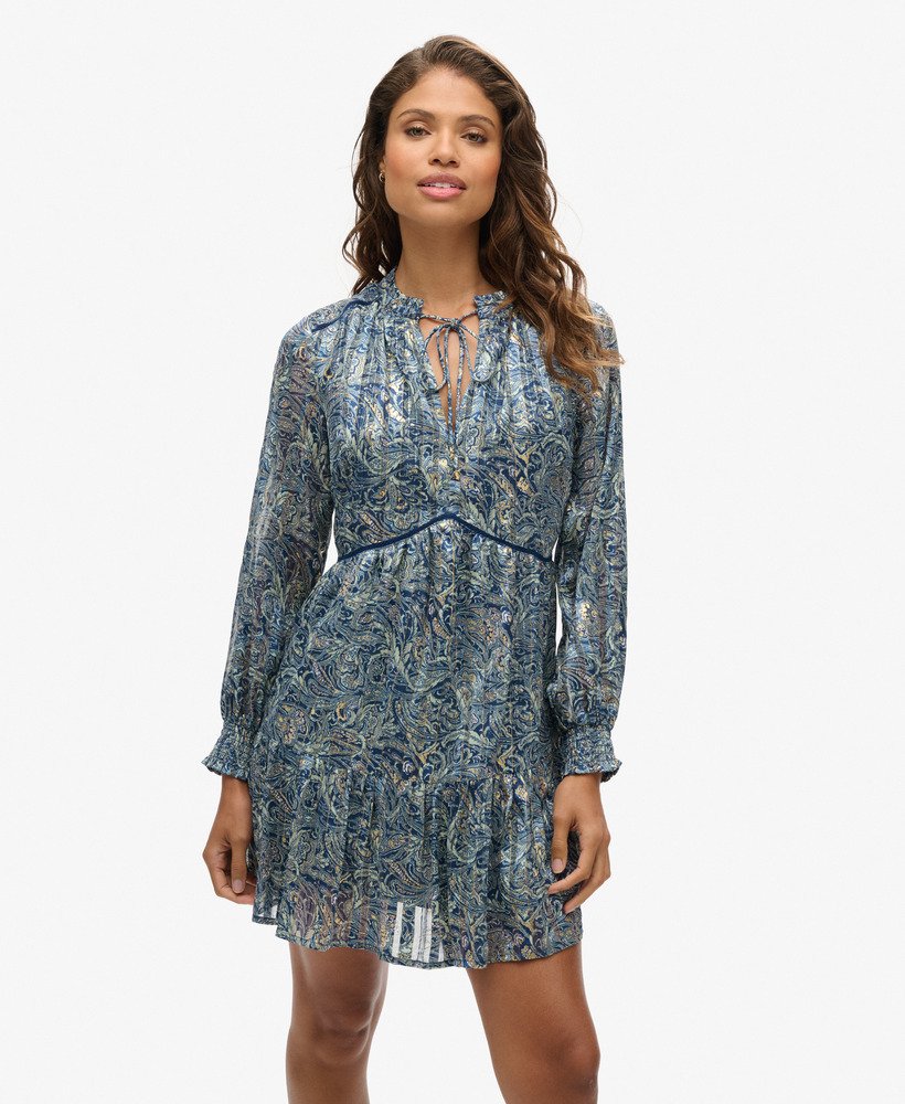 bedrukte metallic mini-jurk met lange mouwen in bladgroen met paisleyprint