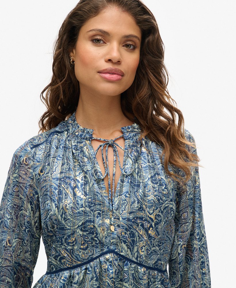 bedrukte metallic mini-jurk met lange mouwen in bladgroen met paisleyprint