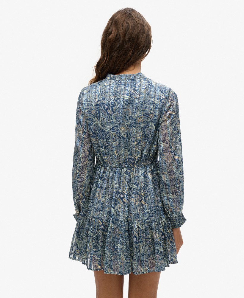 bedrukte metallic mini-jurk met lange mouwen in bladgroen met paisleyprint