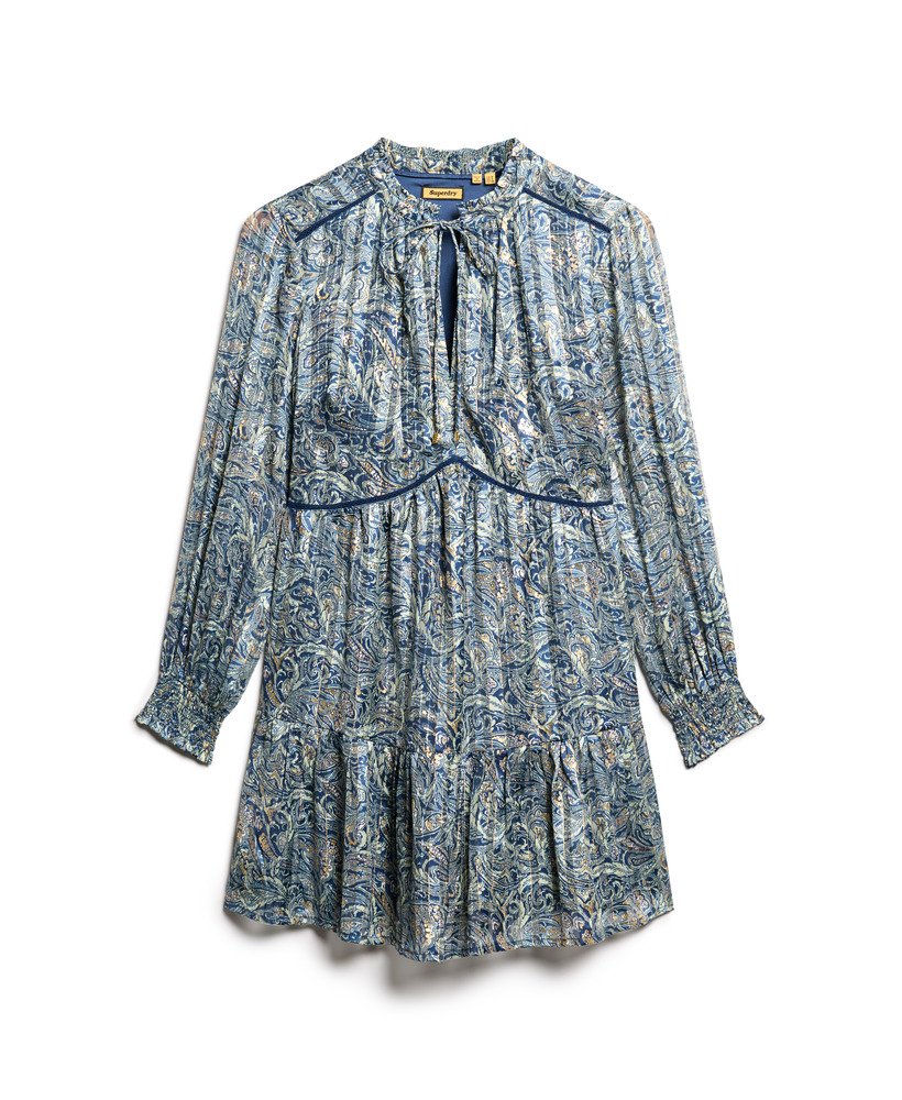 bedrukte metallic mini-jurk met lange mouwen in bladgroen met paisleyprint