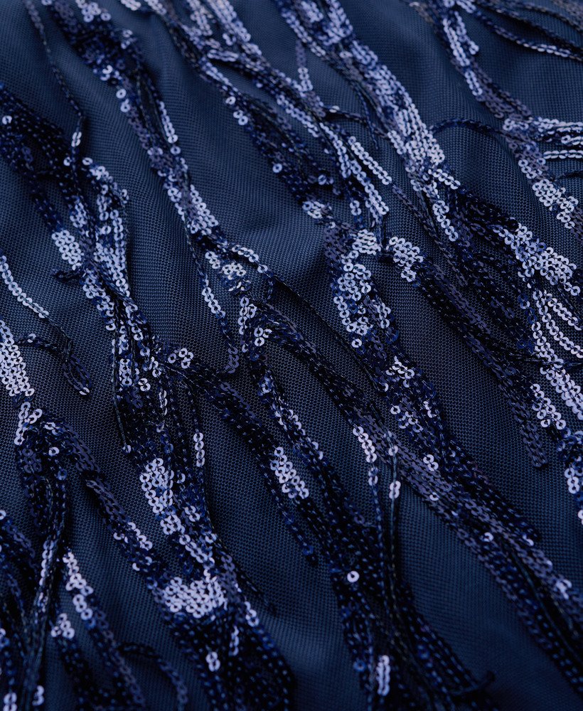 mini-jurkje met franjes en v-hals in marineblauwe pailletten