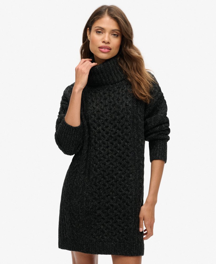 rolkraagjurk met kabelmotief in black twist