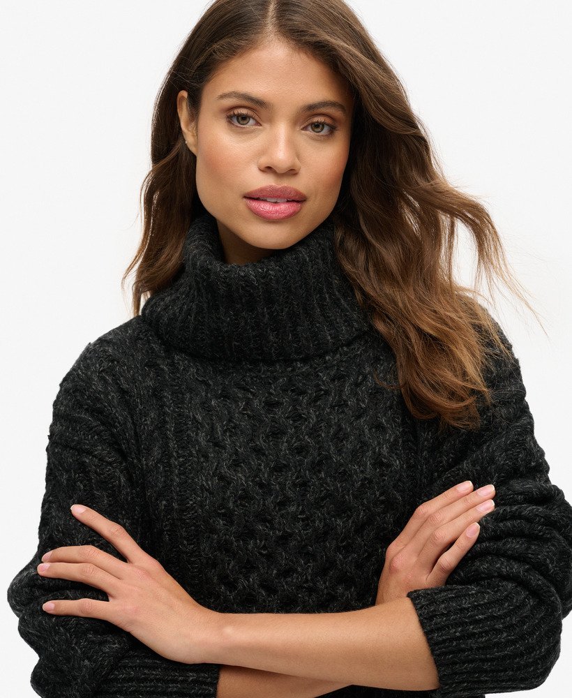 rolkraagjurk met kabelmotief in black twist