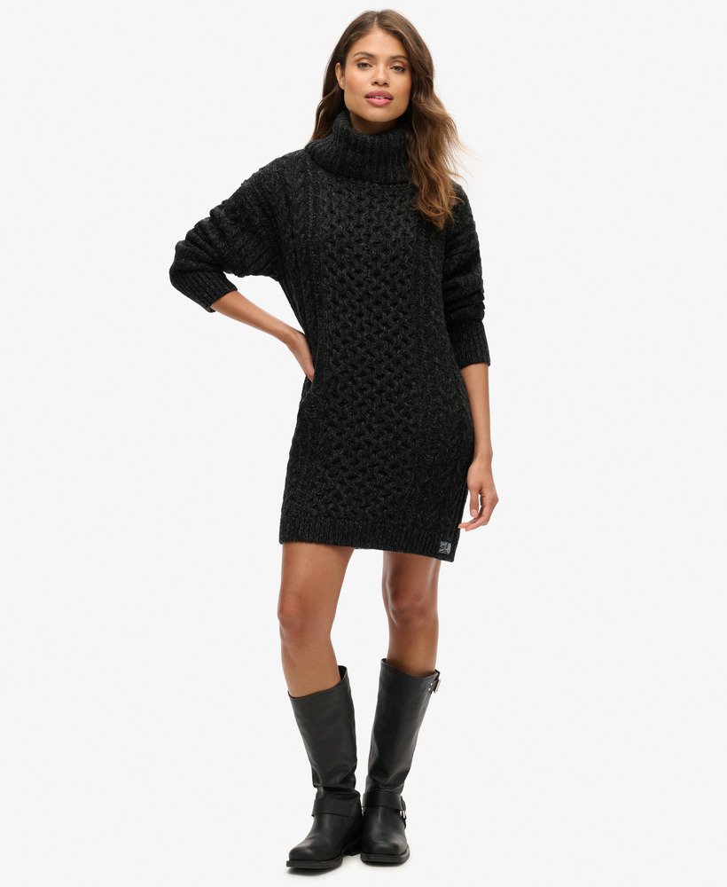 rolkraagjurk met kabelmotief in black twist