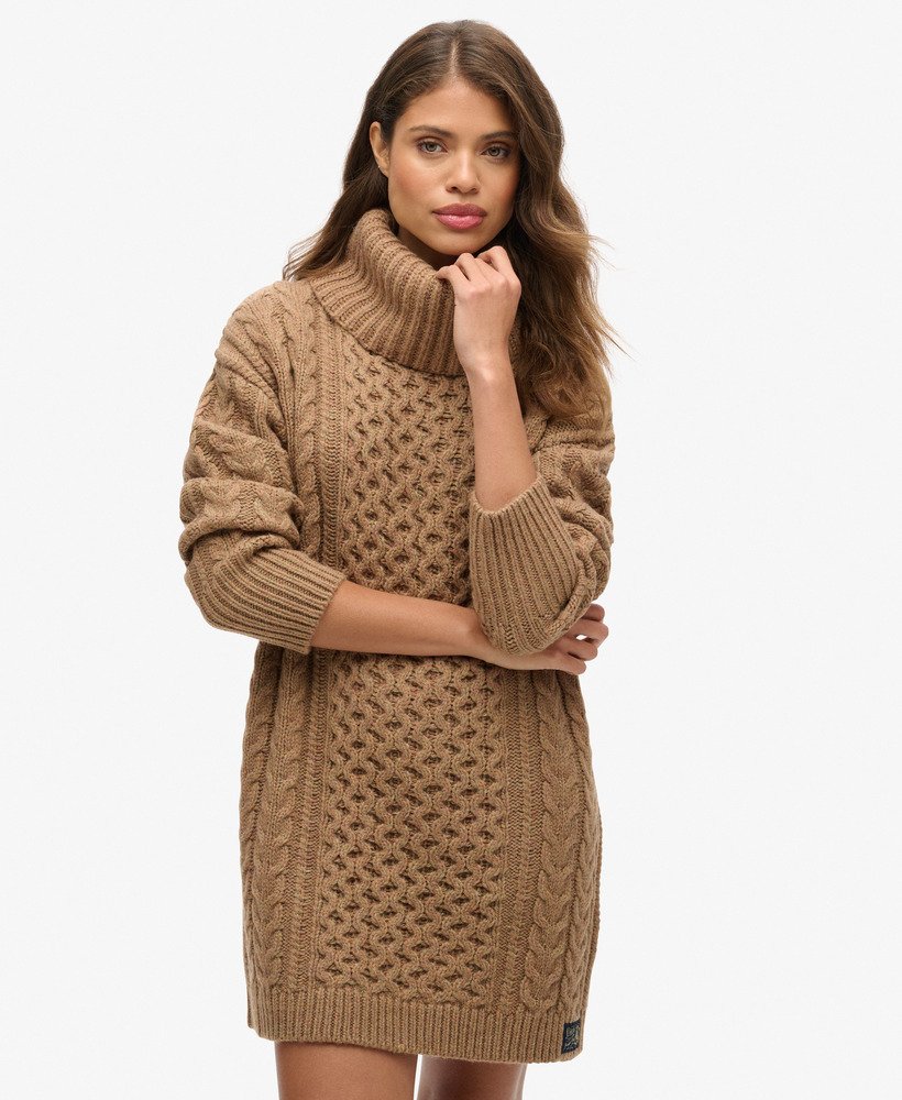 rolkraagjurk met kabelmotief in island caramel twist