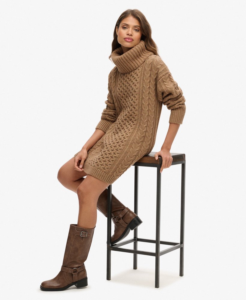 rolkraagjurk met kabelmotief in island caramel twist