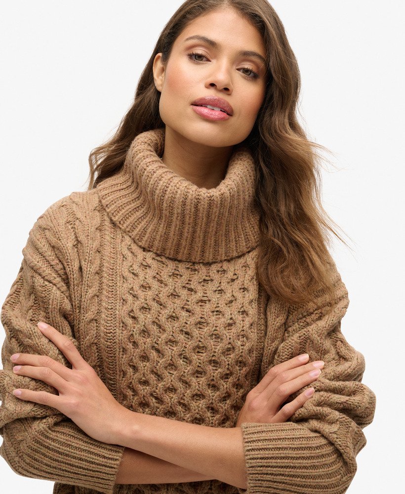 rolkraagjurk met kabelmotief in island caramel twist