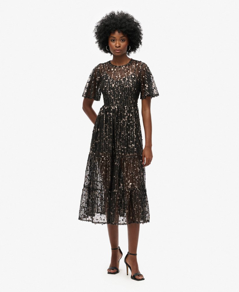 volumineuze gelaagde mesh midi-jurk in stadium grey grit