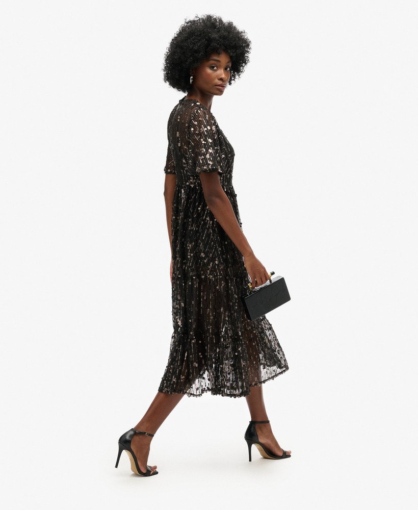 volumineuze gelaagde mesh midi-jurk in stadium grey grit