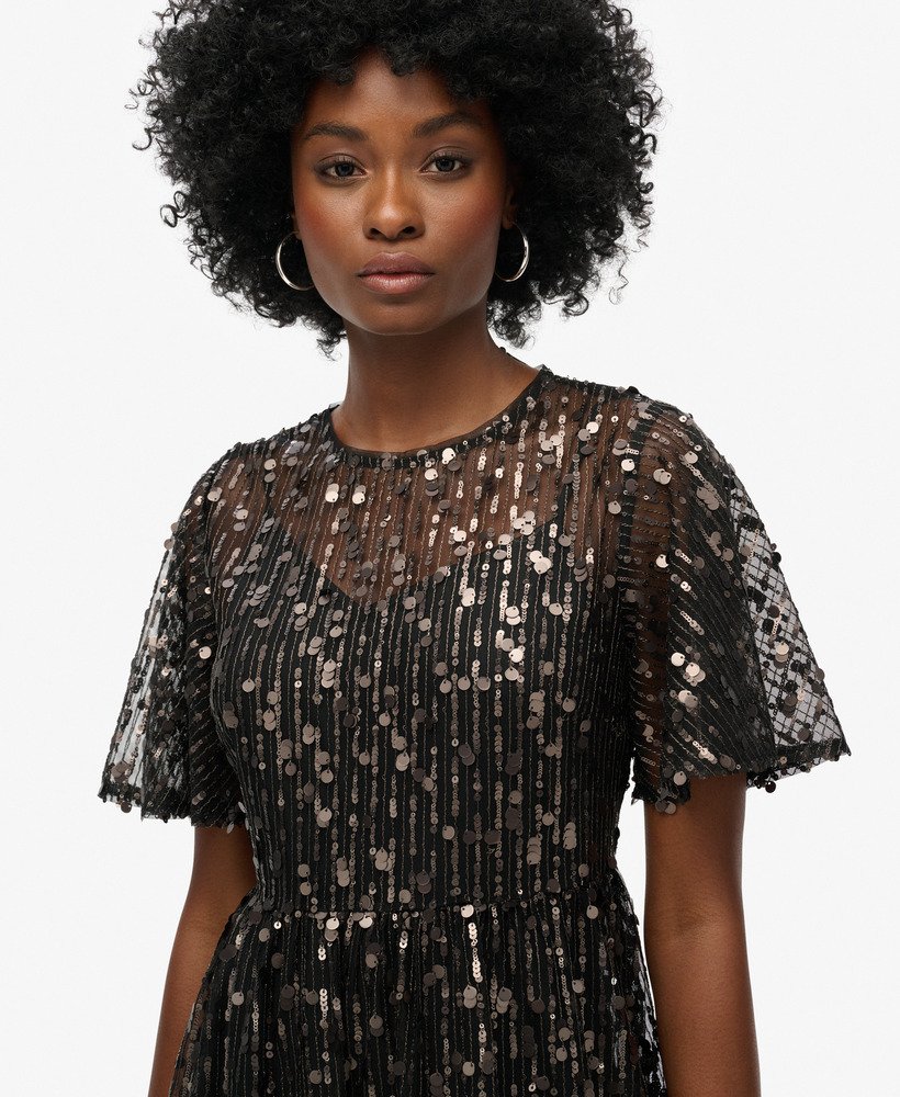 volumineuze gelaagde mesh midi-jurk in stadium grey grit