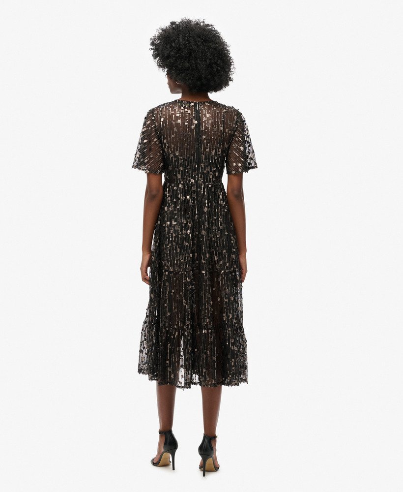 volumineuze gelaagde mesh midi-jurk in stadium grey grit