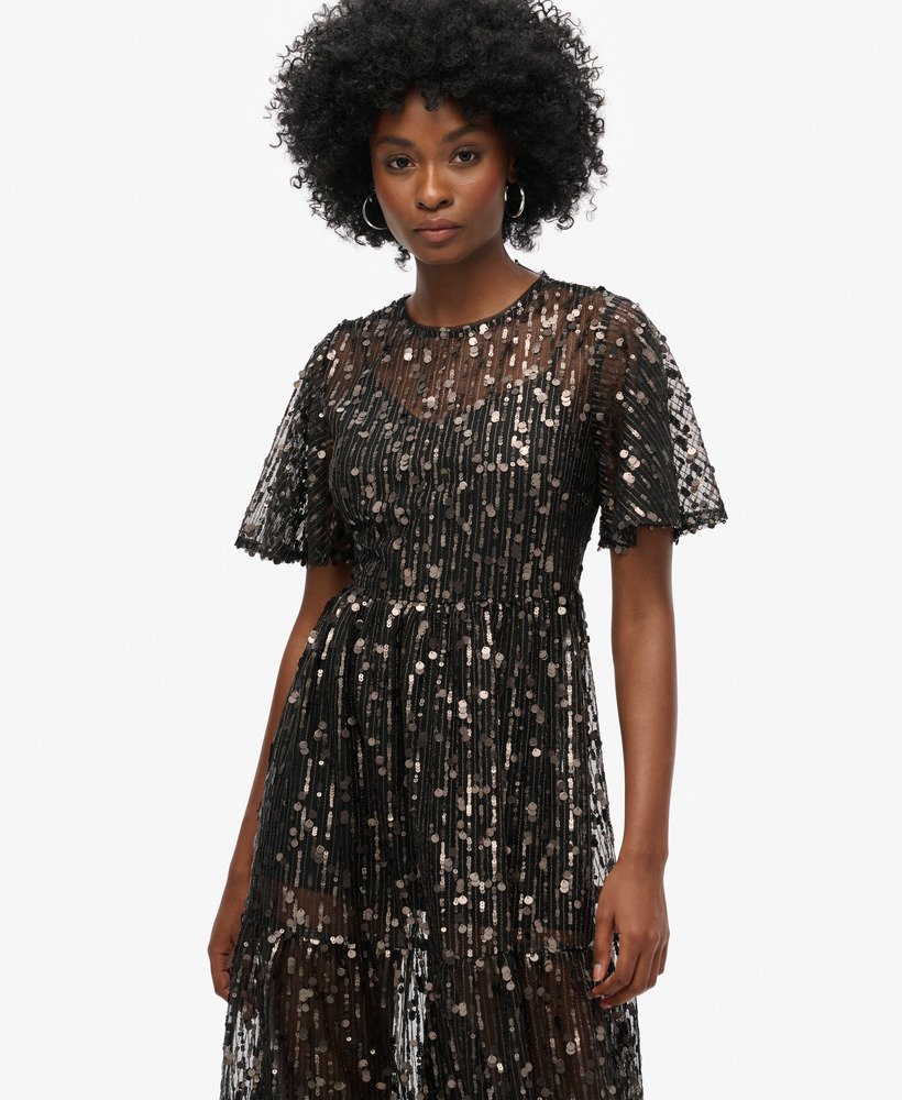 volumineuze gelaagde mesh midi-jurk in stadium grey grit