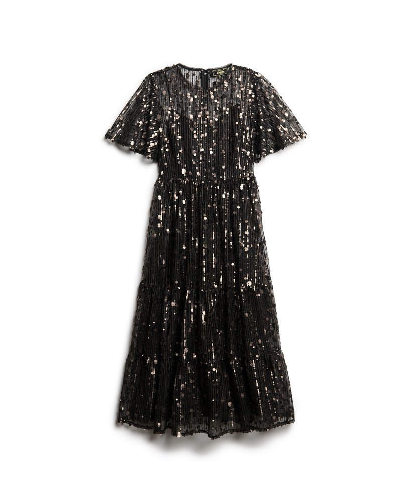 volumineuze gelaagde mesh midi-jurk in stadium grey grit
