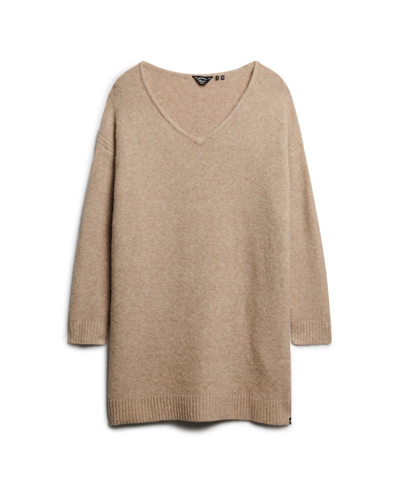 oversized v-hals jurk in lichtbeige met een twist