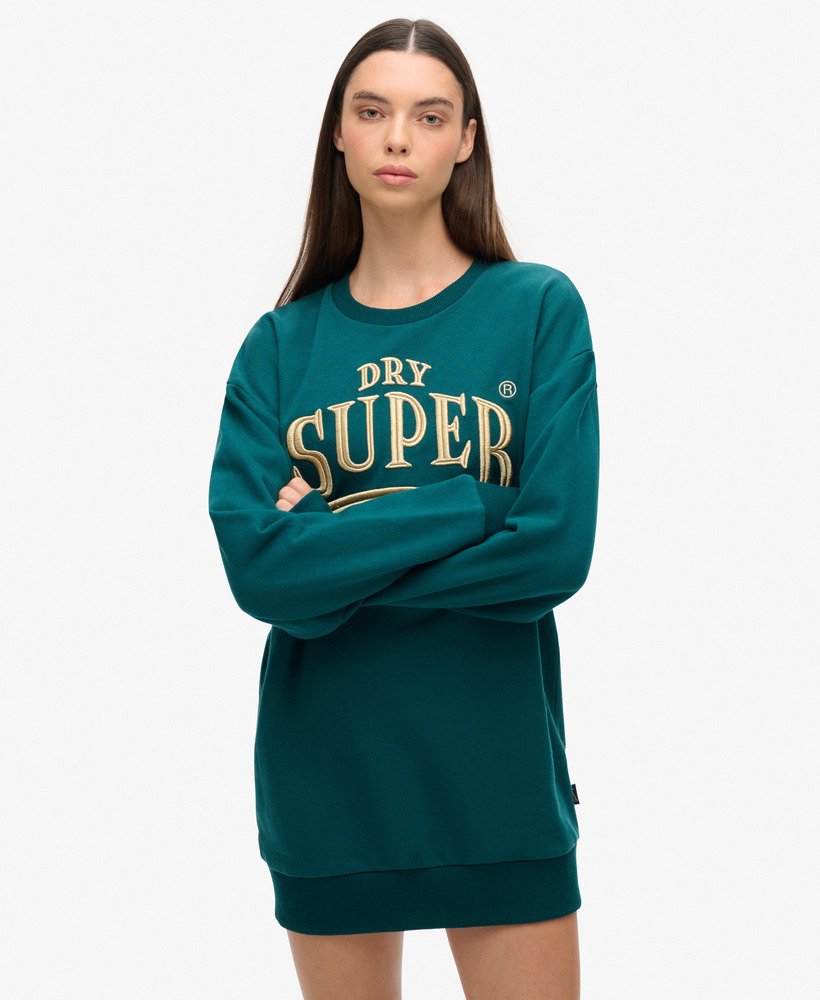 luxe metallic logo sweatjurk in diepblauwgroen.