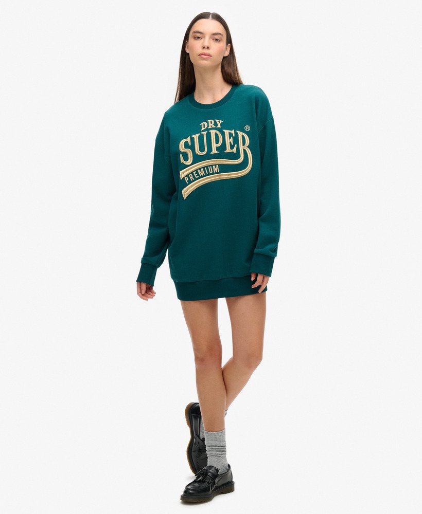 luxe metallic logo sweatjurk in diepblauwgroen.