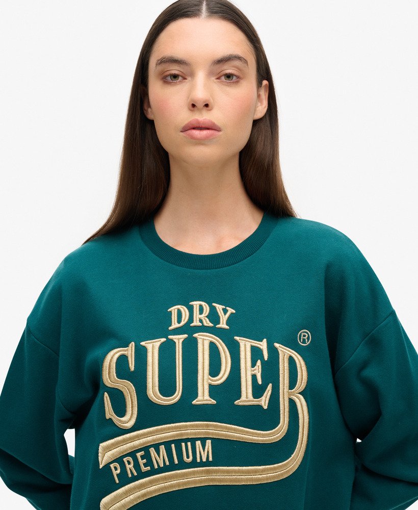 luxe metallic logo sweatjurk in diepblauwgroen.