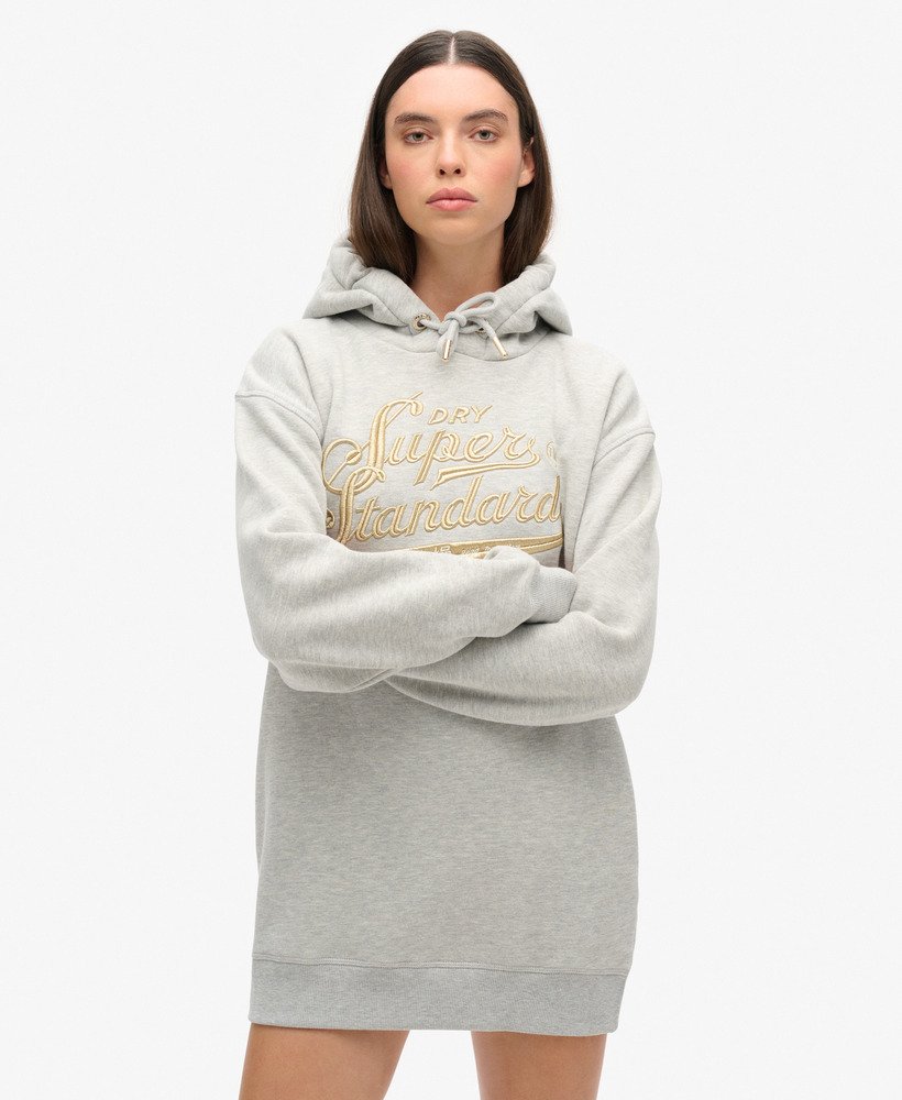 luxe metallic jurk met capuchon en logo in puimsteenbeige gemêleerd