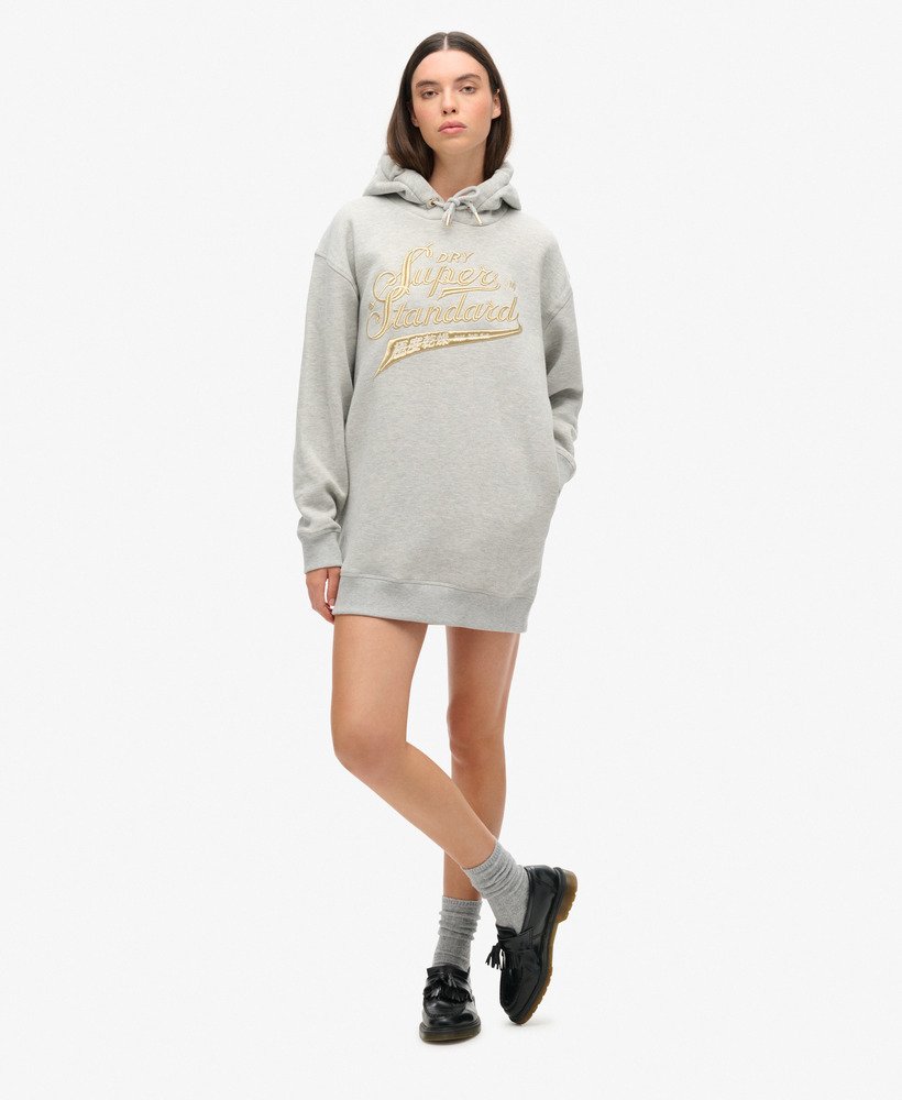 luxe metallic jurk met capuchon en logo in puimsteenbeige gemêleerd