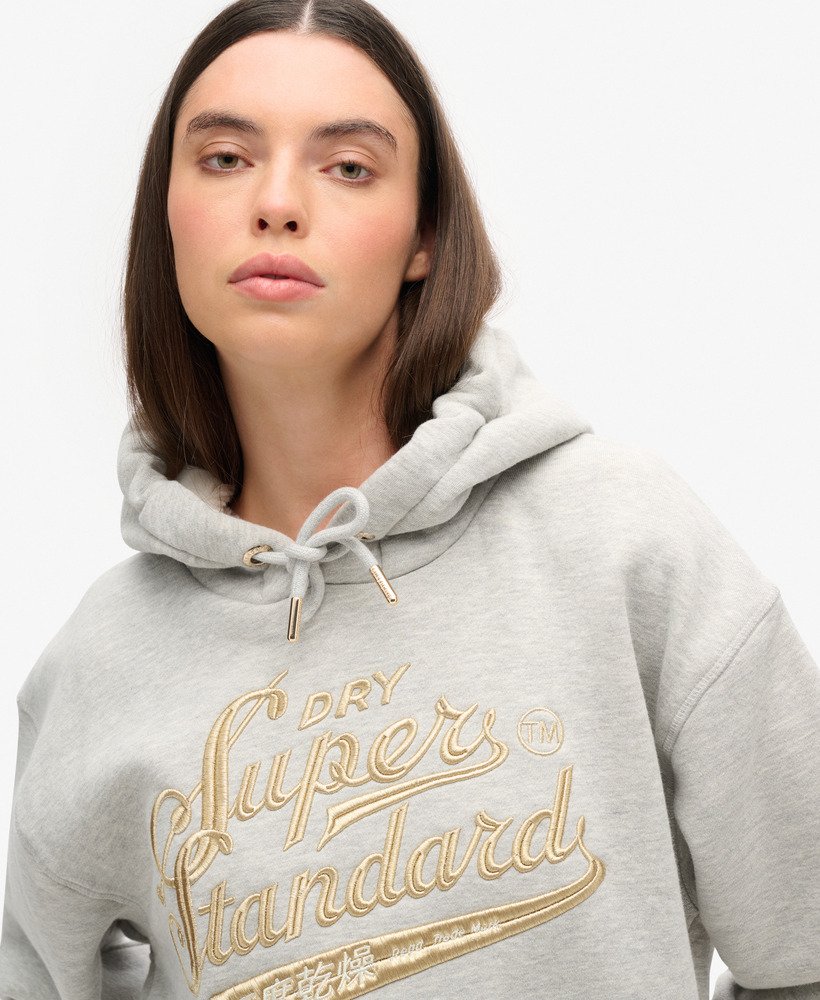 luxe metallic jurk met capuchon en logo in puimsteenbeige gemêleerd