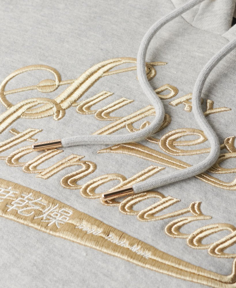 luxe metallic jurk met capuchon en logo in puimsteenbeige gemêleerd