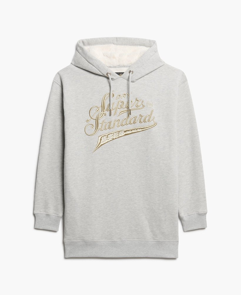 luxe metallic jurk met capuchon en logo in puimsteenbeige gemêleerd