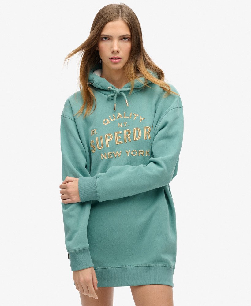 luxe metallic jurk met capuchon en logo in olieblauwgroen