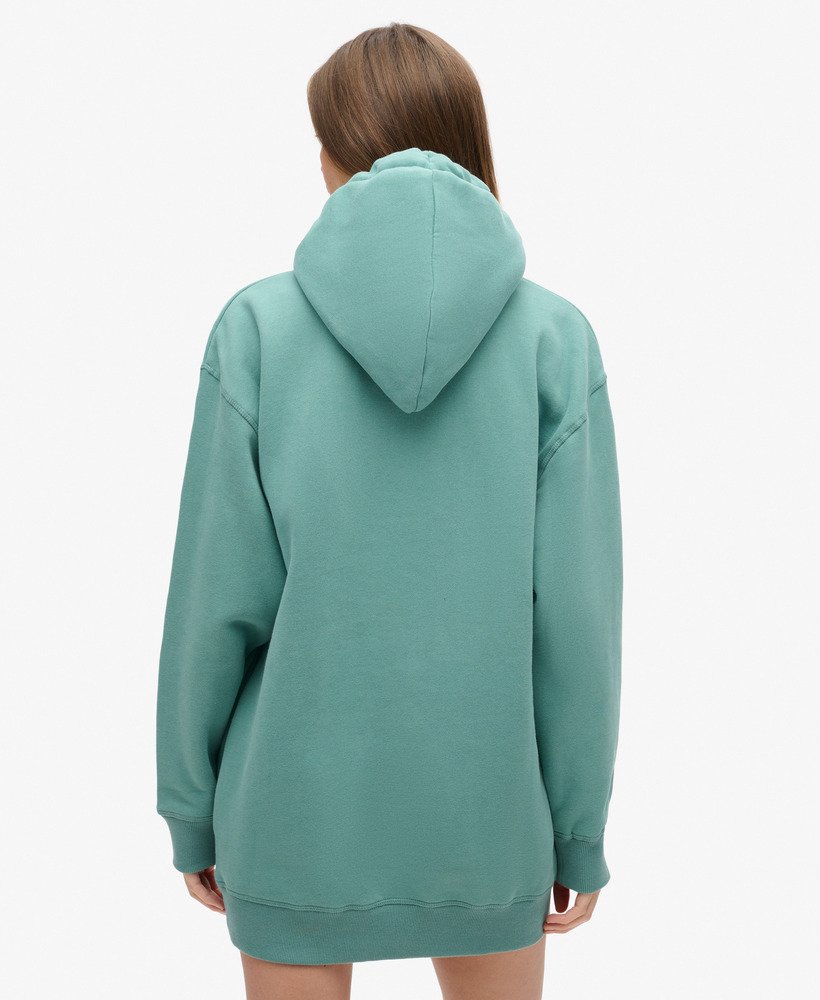 luxe metallic jurk met capuchon en logo in olieblauwgroen