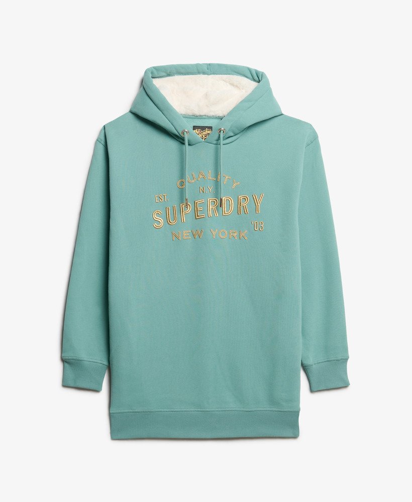 luxe metallic jurk met capuchon en logo in olieblauwgroen