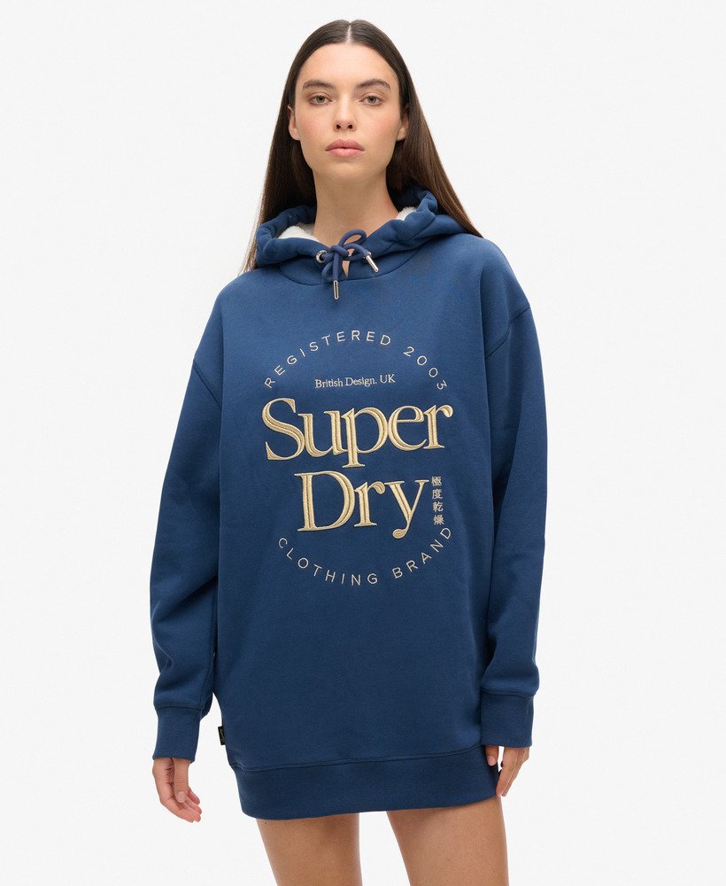 luxe metallic jurk met capuchon en logo in sargasso zeeblauw