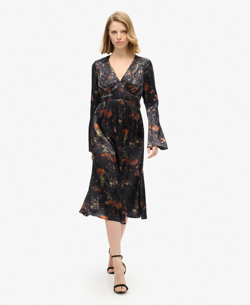midi-jurk met uitlopende mouwen en jacquardstof in alpine lake black