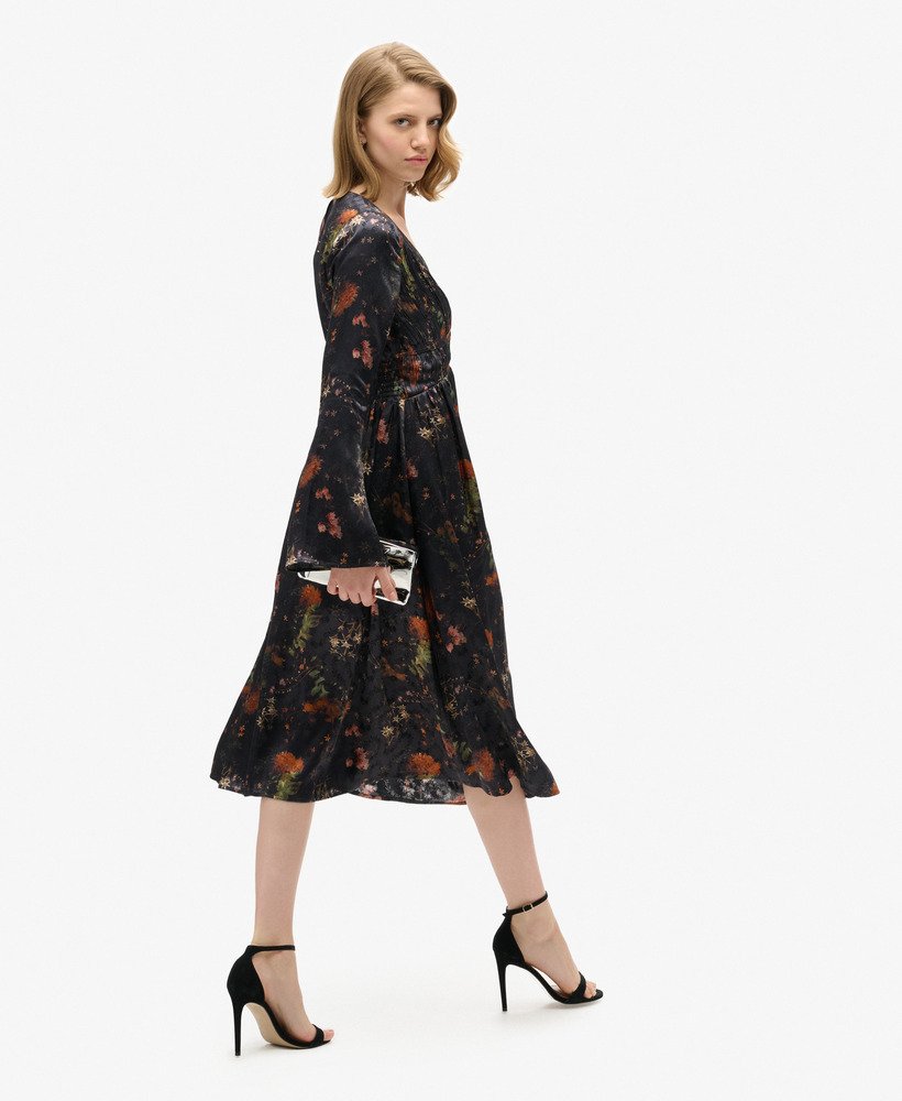 midi-jurk met uitlopende mouwen en jacquardstof in alpine lake black
