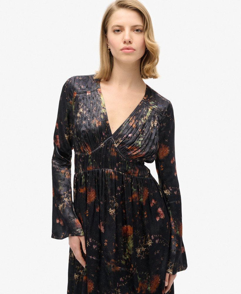 midi-jurk met uitlopende mouwen en jacquardstof in alpine lake black