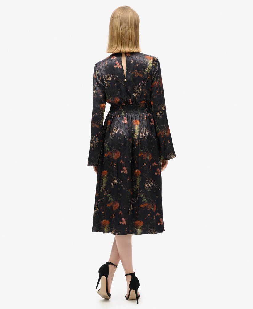 midi-jurk met uitlopende mouwen en jacquardstof in alpine lake black